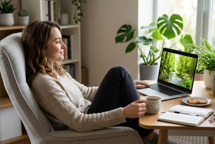 Person relaxing with nature video screen